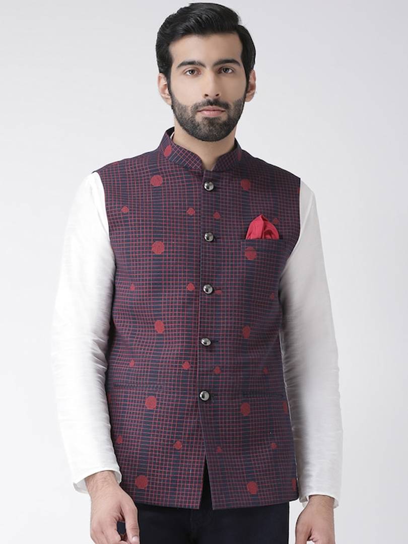 Men's Navy Blue 
Cotton Blend
 Printed Nehru Jackets